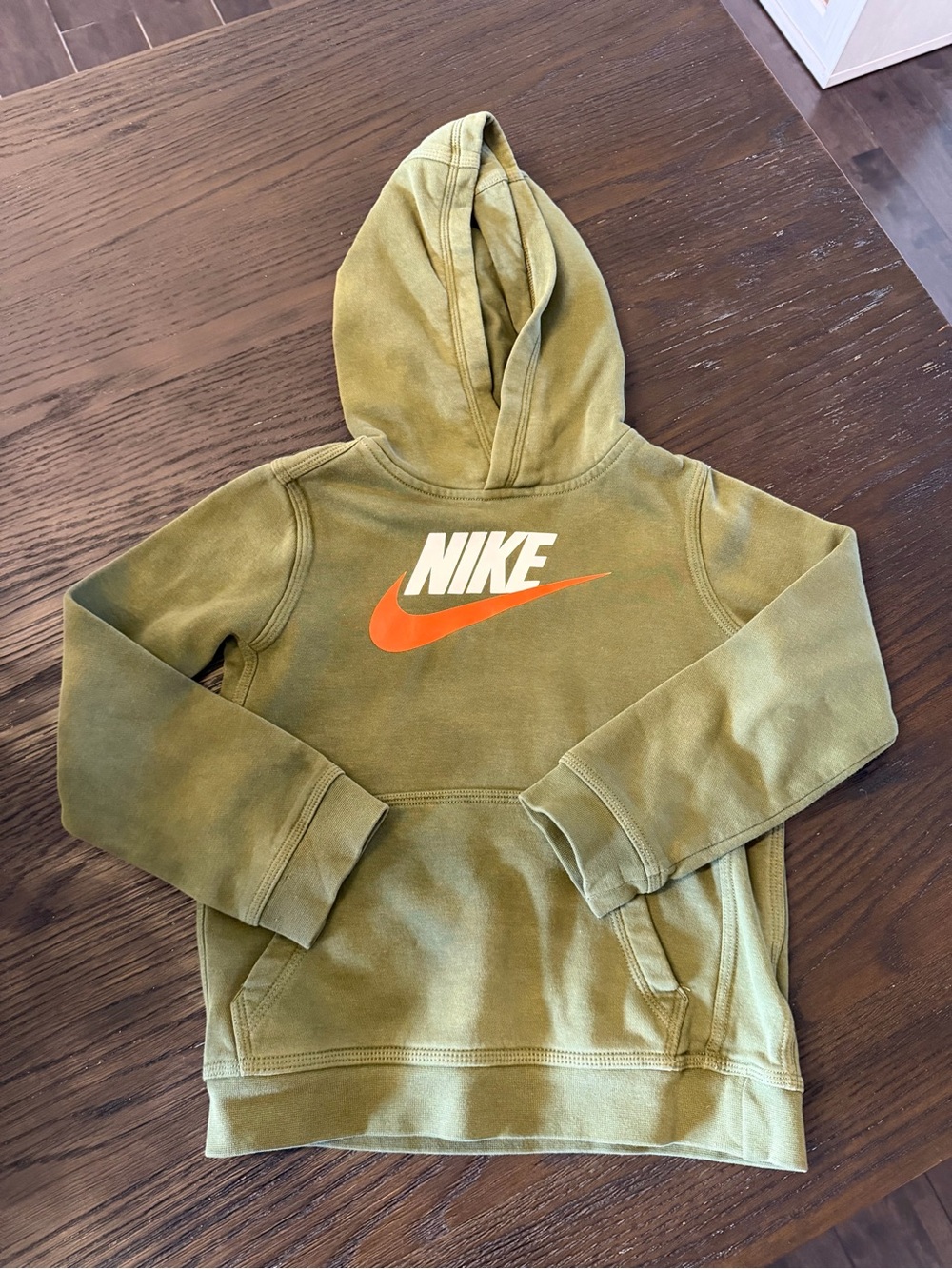 Nike Olive Green Hoodie with White Logo and Orange Swoosh